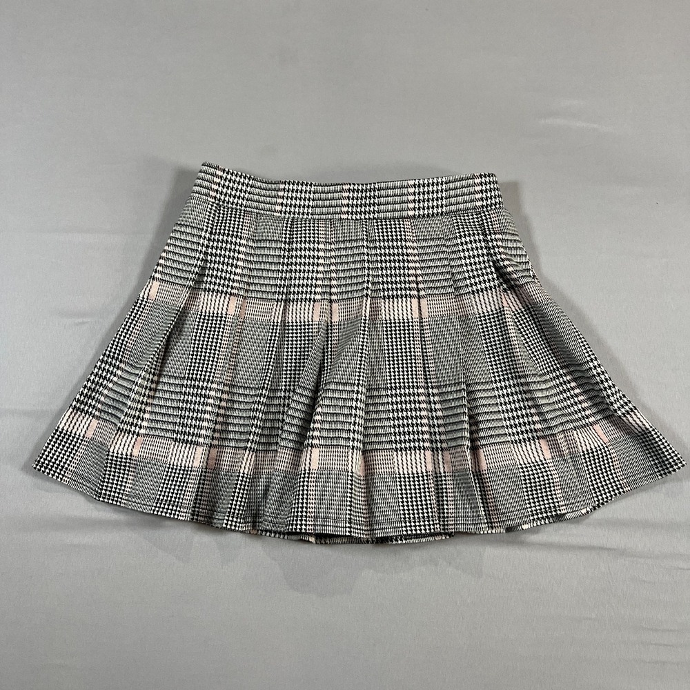 Haute Monde Mini Skirt Womens S Black Pink Houndstooth Stretch Pull On Pleated